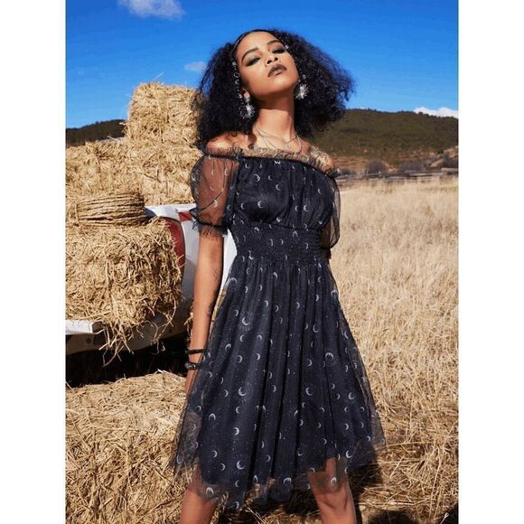 Off Shoulder Goth Witch Moon Print Contrast Mesh Flared Shirred Dress L NWT - Picture 13 of 16